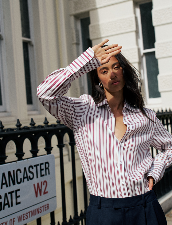 The Boyfriend Exaggerated Cuff: Tencel, Burgundy Double Stripe