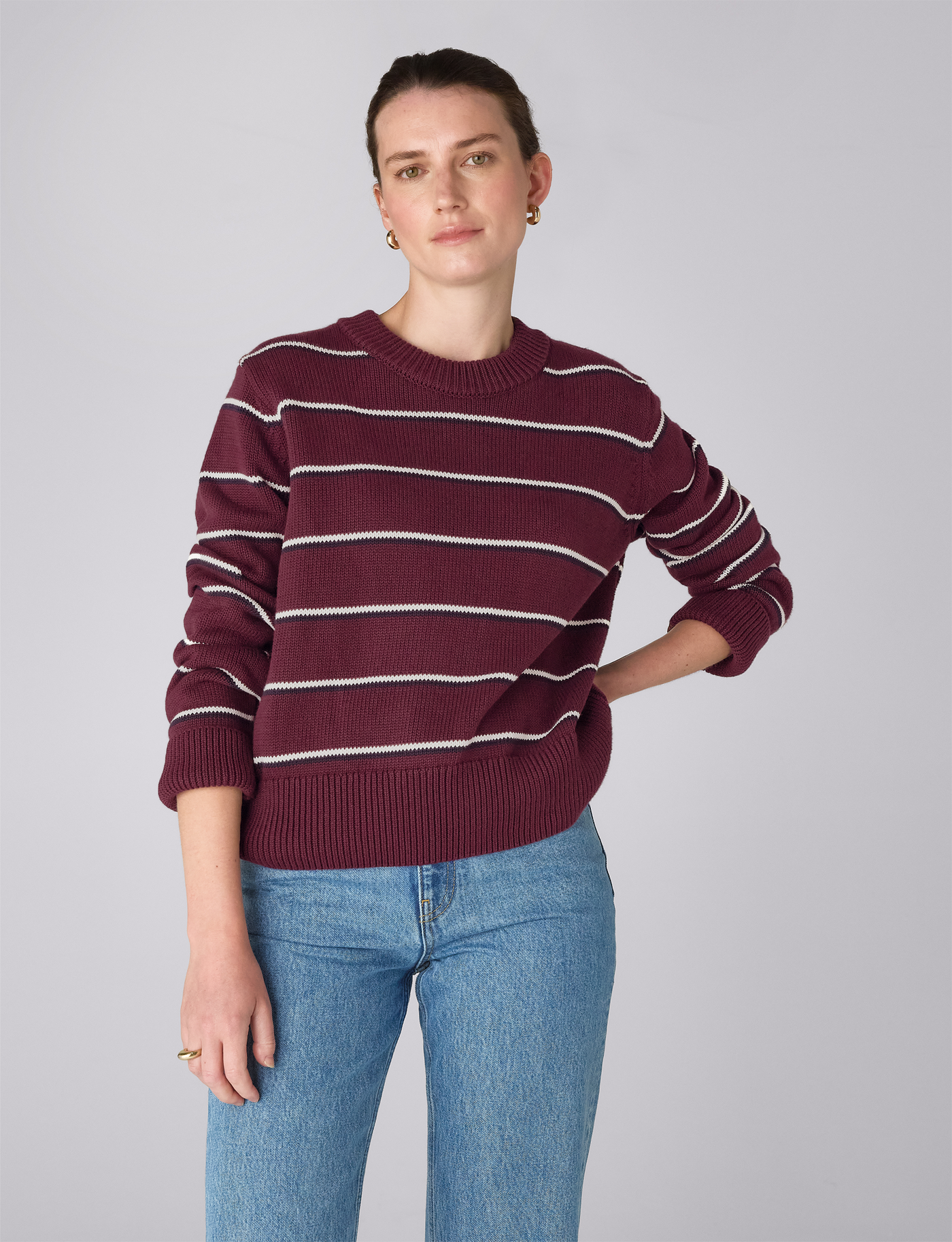 Devon Jumper: Cotton, Merlot Navy and Ivory Stripe