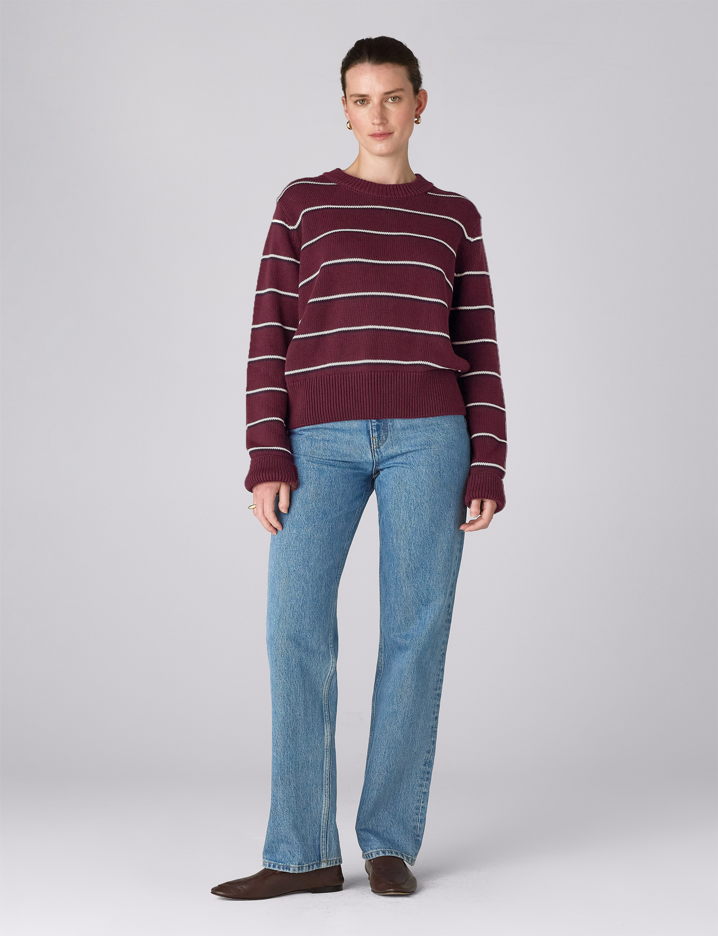 Devon Jumper: Cotton, Merlot Navy and Ivory Stripe