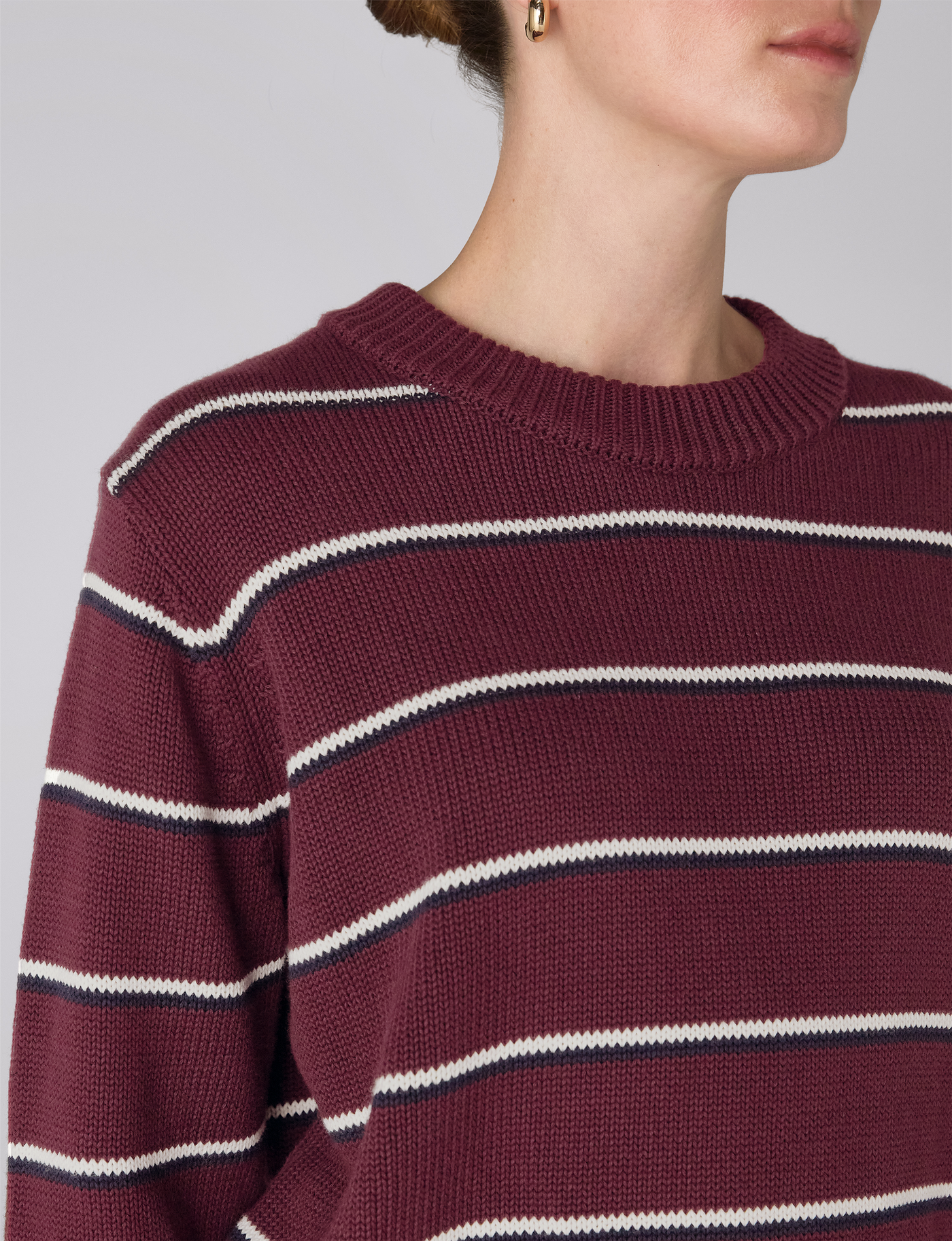 Devon Jumper: Cotton, Merlot Navy and Ivory Stripe