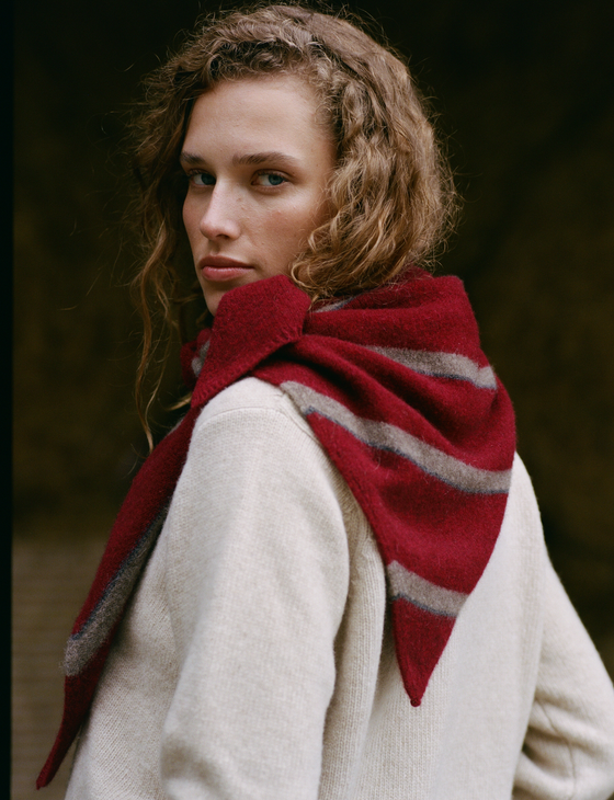 Large Triangle Scarf: Yak Wool, Merlot Stripe
