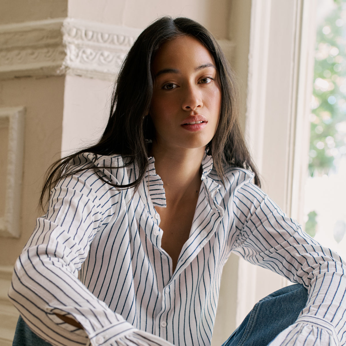 Kew Blouse: Cotton Voile, White with Navy Stripes