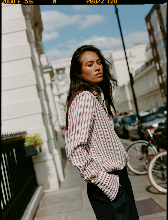 The Boyfriend Exaggerated Cuff: TENCEL™ Lyocell, Burgundy Double Stripe