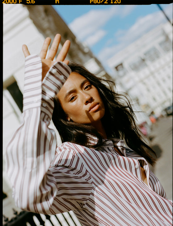 The Boyfriend Exaggerated Cuff: TENCEL™ Lyocell, Burgundy Double Stripe
