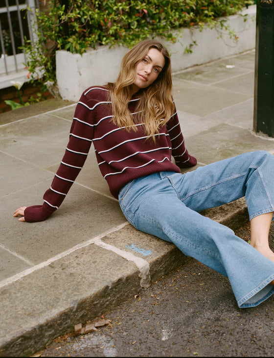Devon Jumper: Cotton, Merlot Navy and Ivory Stripe