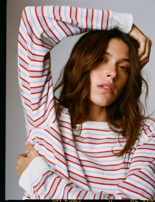 Bessette Top: Cotton Jersey, Sienna and Sky Blue Stripe