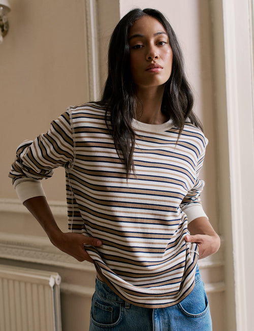 Bessette Top: Cotton Jersey, Brown and Ecru Stripe