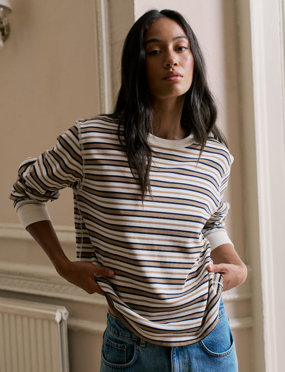 Bessette Top: Cotton Jersey, Brown and Ecru Stripe