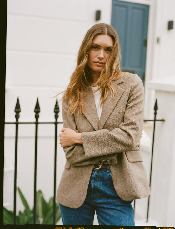 Hacking Jacket: Wool, Light Brown Herringbone