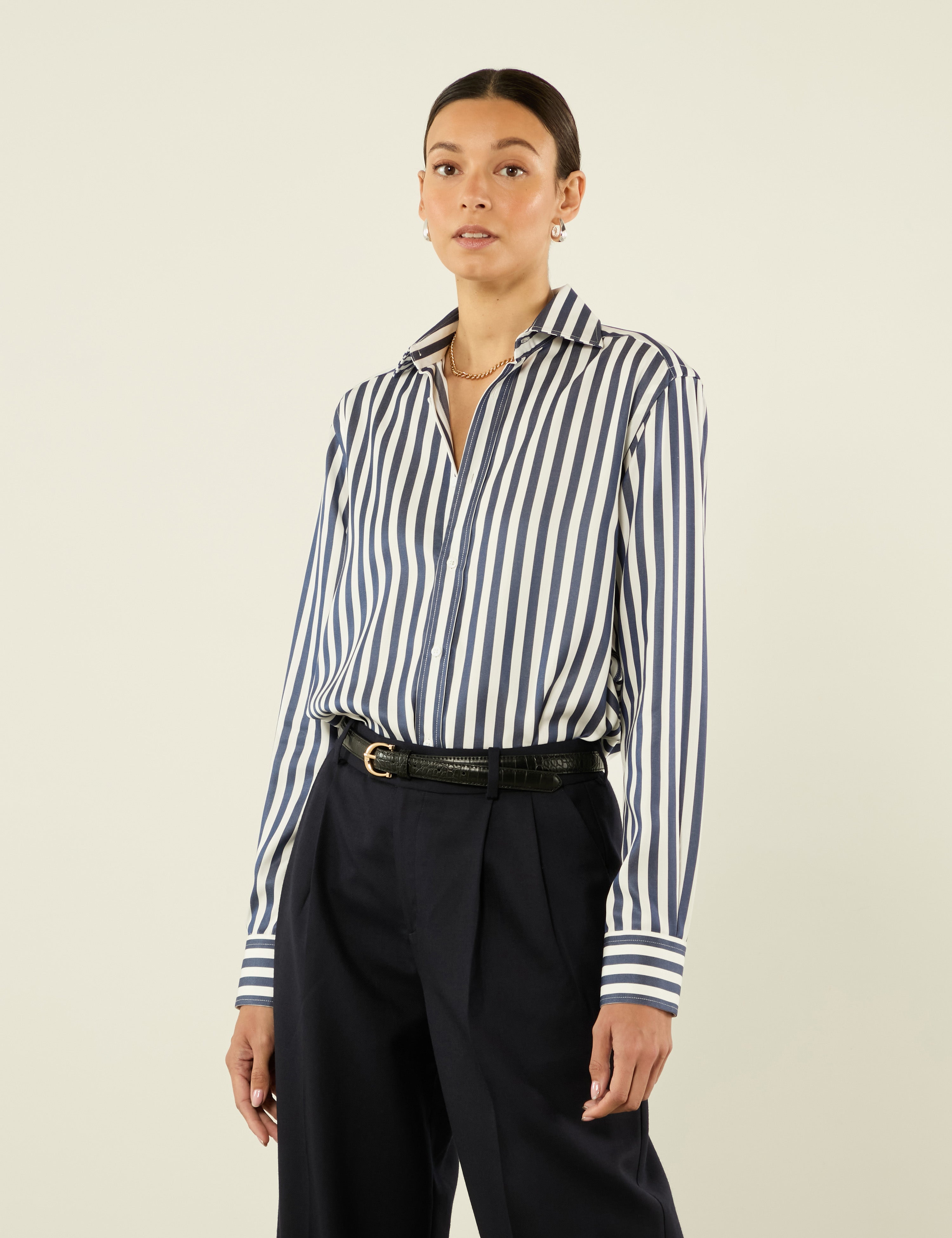 The Boyfriend: Tencel™ Lyocell, Navy Blue Stripe – With