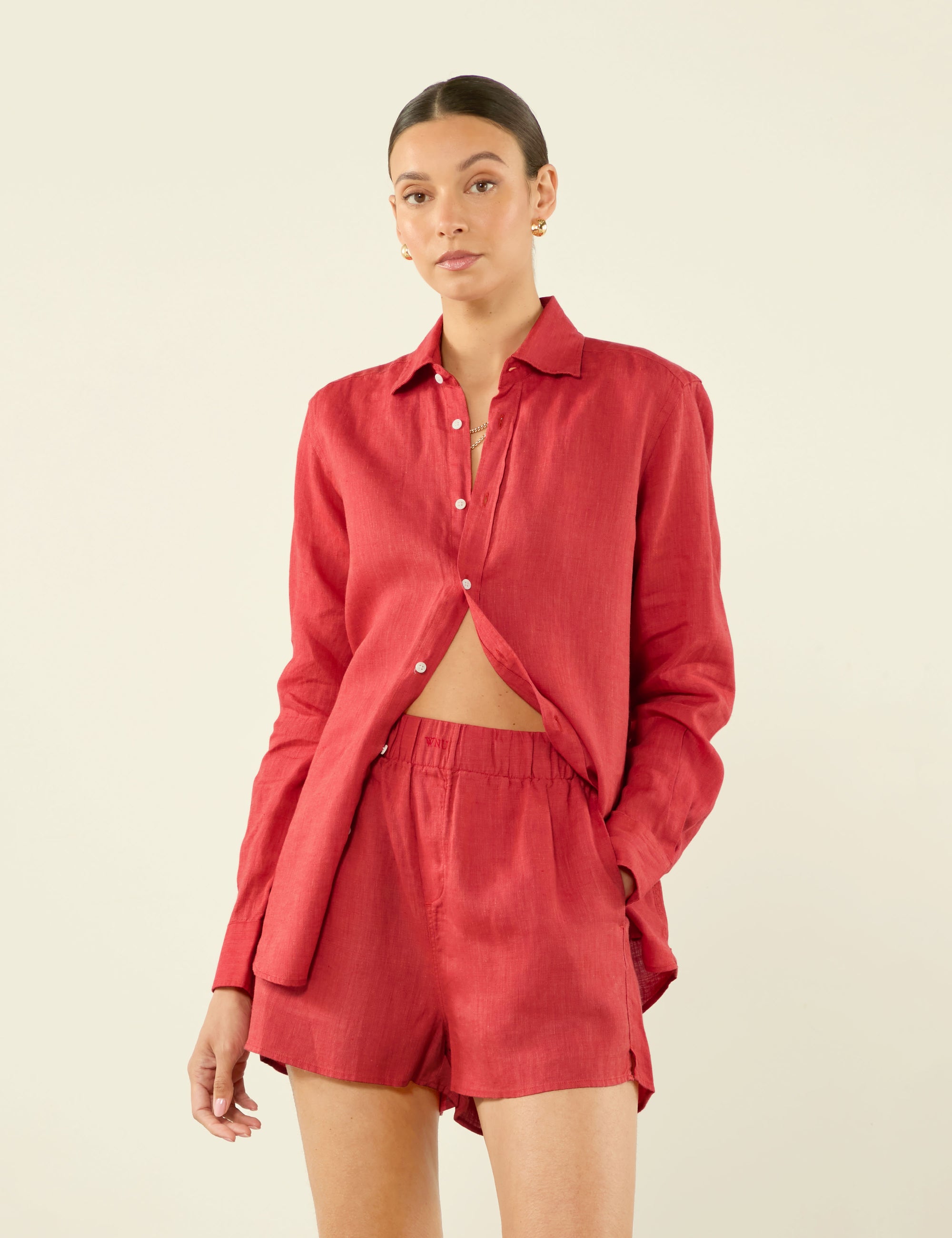 The Boyfriend: Linen Shirt & Boxer Set, Cardinal Red