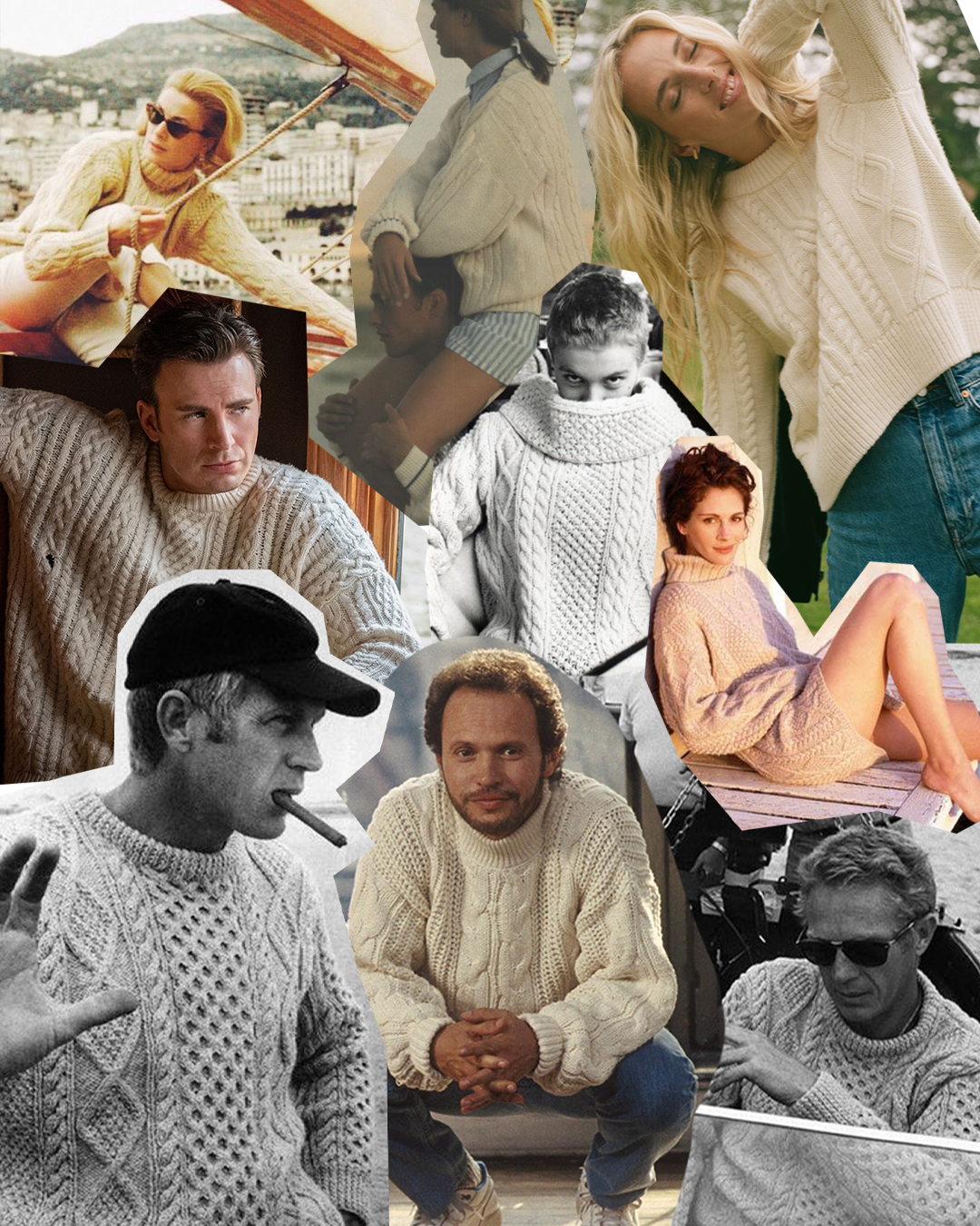 A collage of cable knit jumpers worn in film and tv
