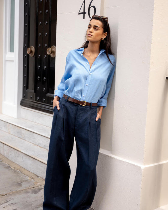 The Set: Linen Cornflower Blue Shirt & Navy Trouser