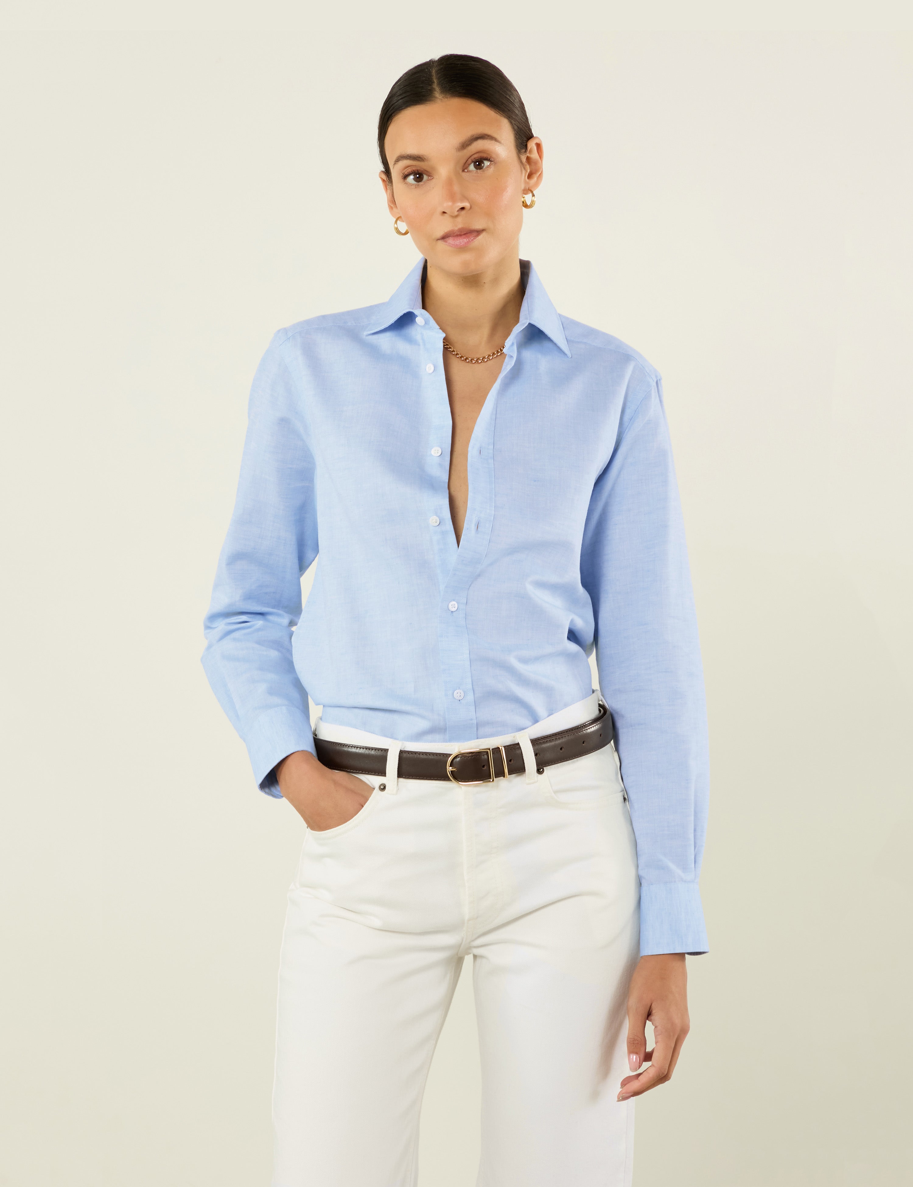 WNU Weave Celeste Blue Cotton & Linen Boyfriend Shirt | With