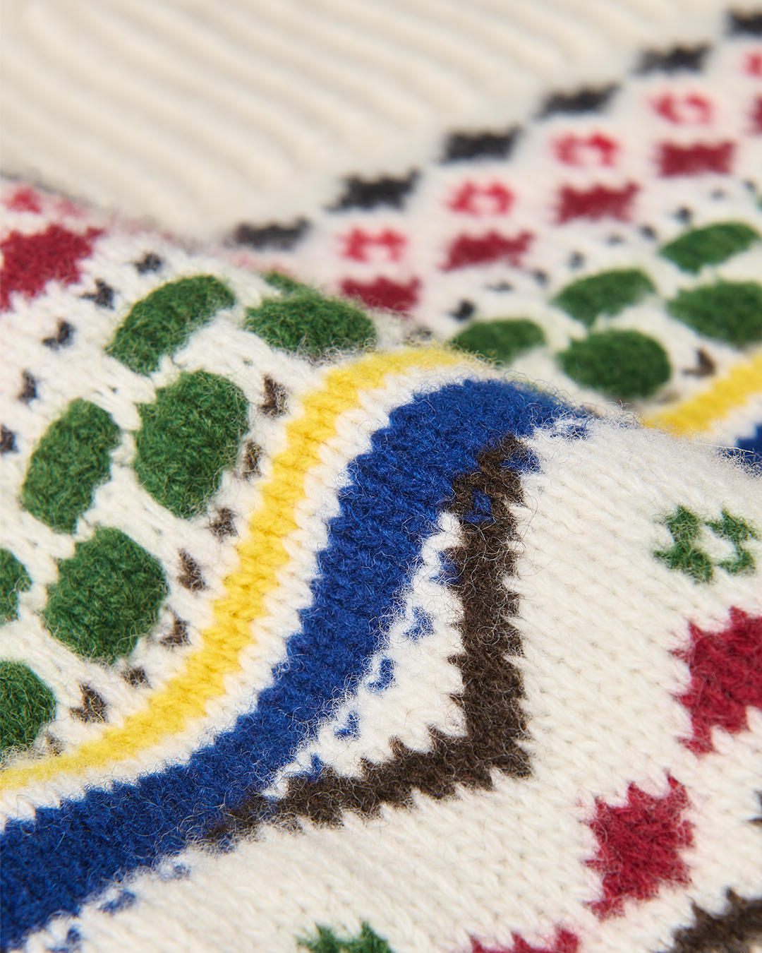 An upclose shot of the woven coloured wool that features on the chest of the Chamonix jumper