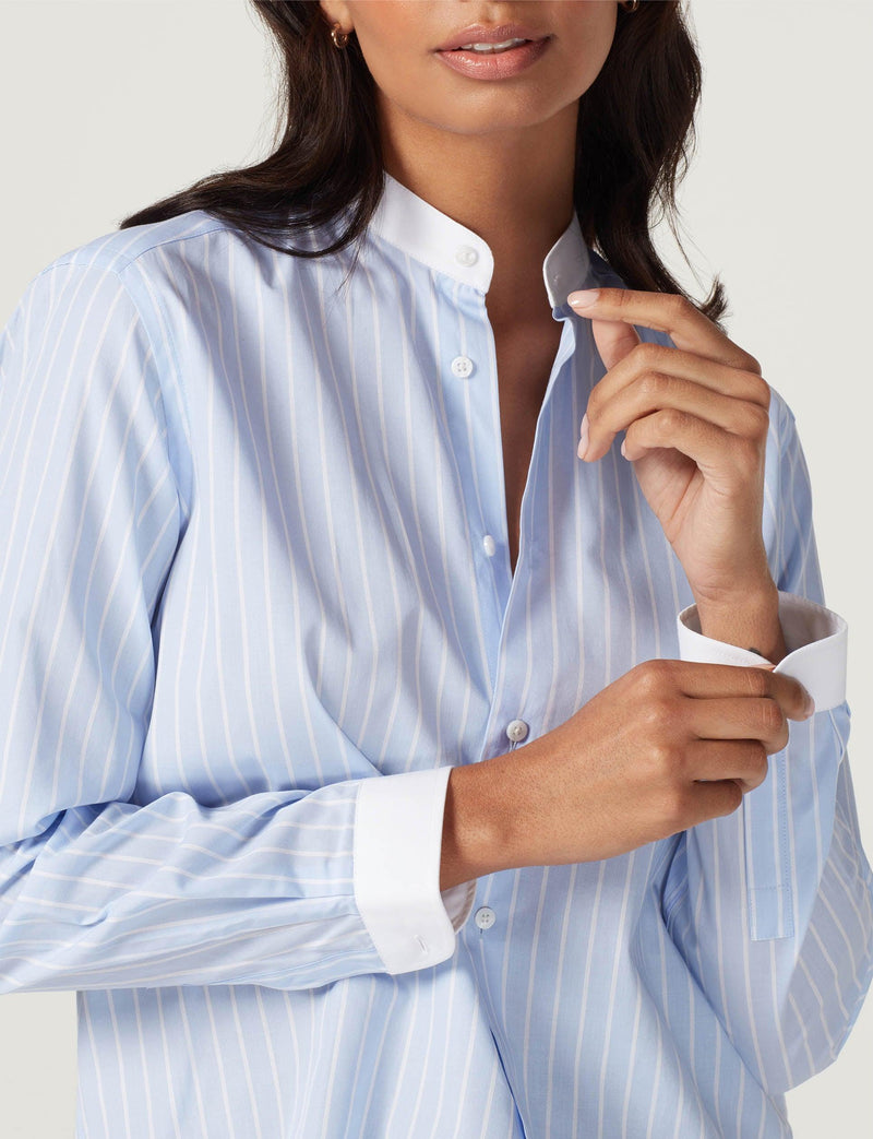 The Girlfriend Collarless Contrast: Poplin, Morning Blue Stripe - With Nothing Underneath