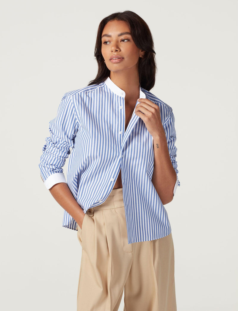 The Girlfriend Collarless Contrast: Poplin, Royal Blue Stripe - With Nothing Underneath